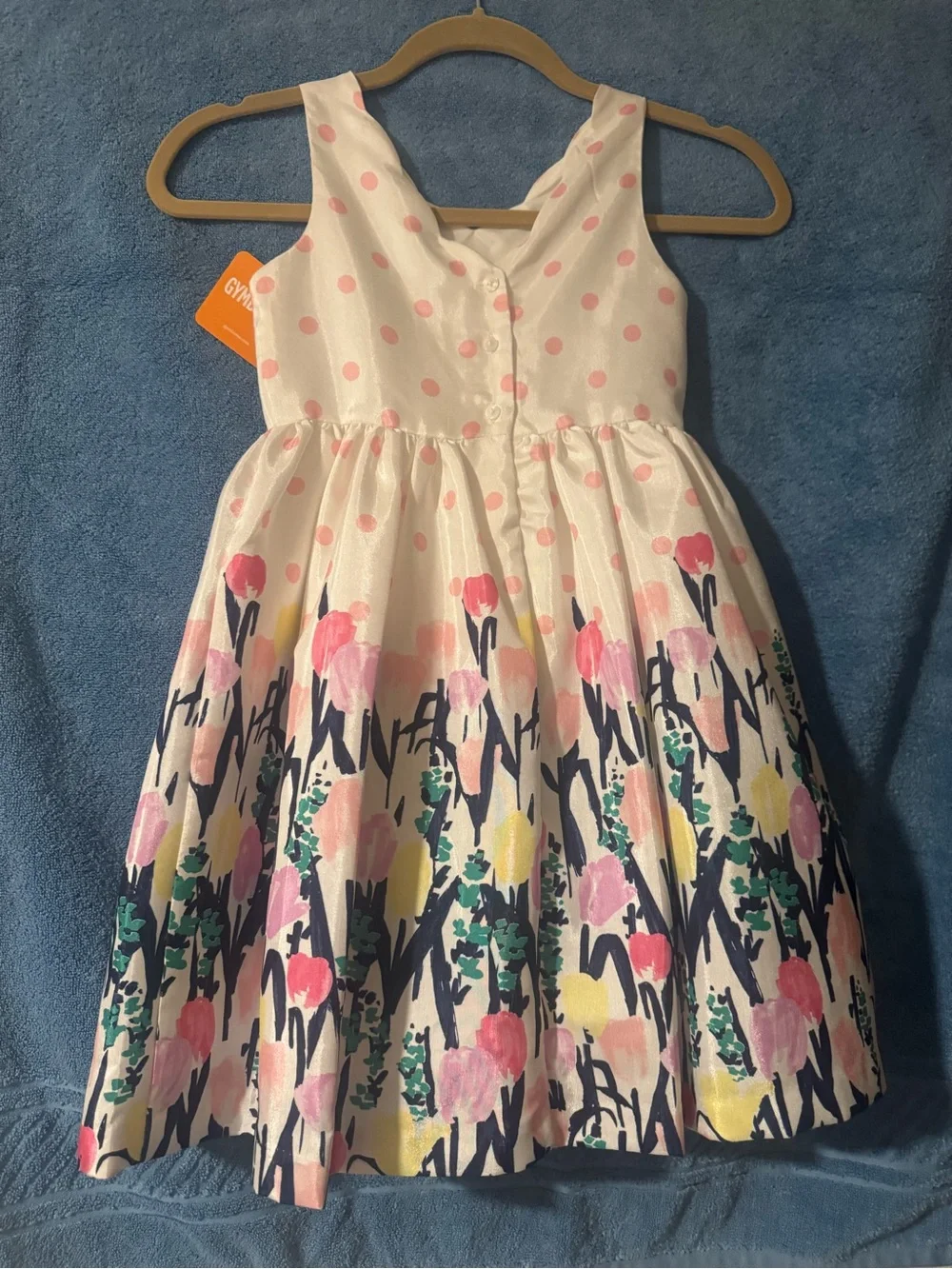 Gymboree White Dress with Pink Polka Dots and Multicolor Floral Skirt